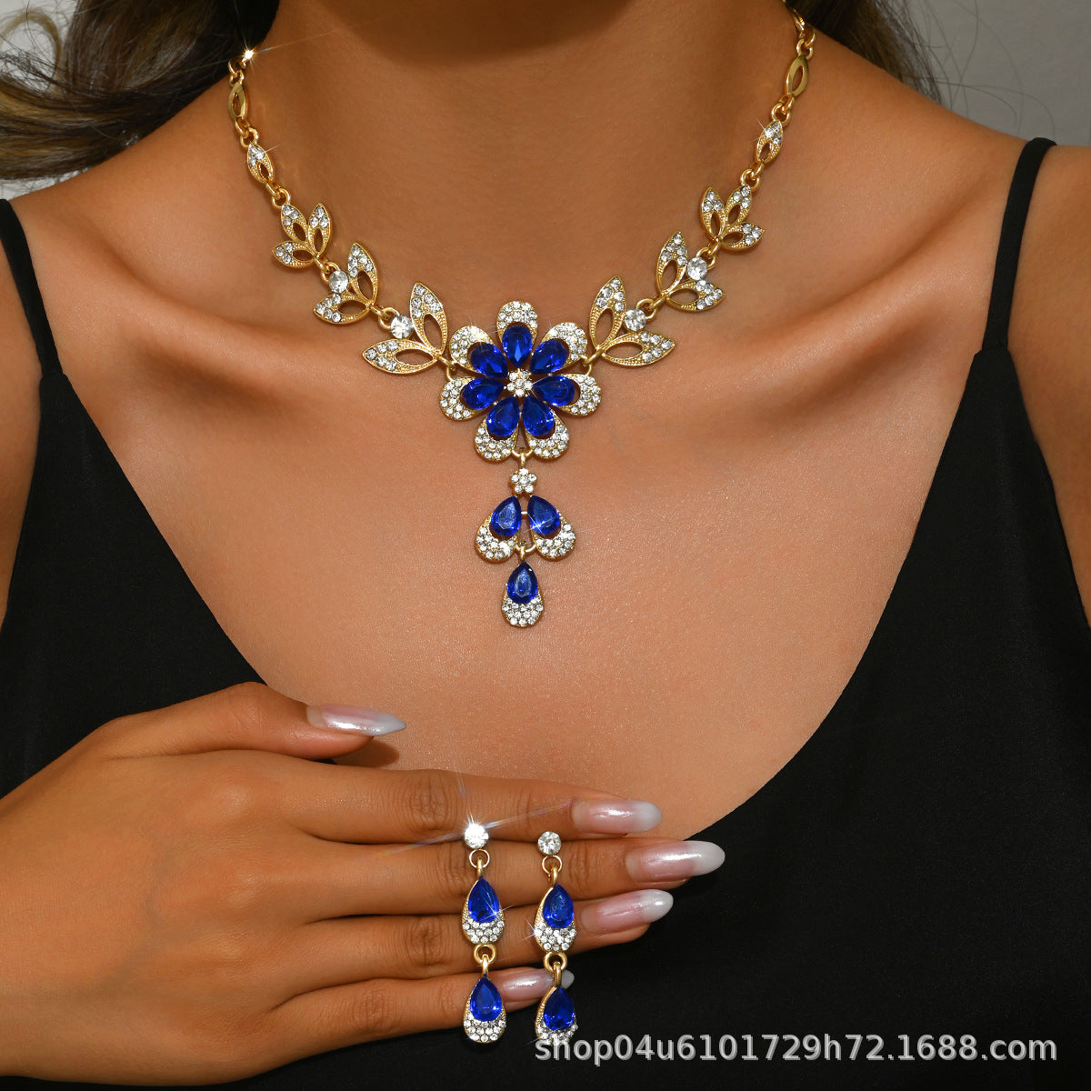 Cross-Border Foreign Trade Retro Jewelry Exaggerated Necklace Set Luxury Crystal Jewelry Banquet Dress Accessories Factory Direct Supply