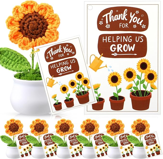 Soaoo 12 Sets Teacher Gifts Crochet Flowers with Thank You for Helping Me Grow Cards Appreciation Gifts for Teachers Cowor...