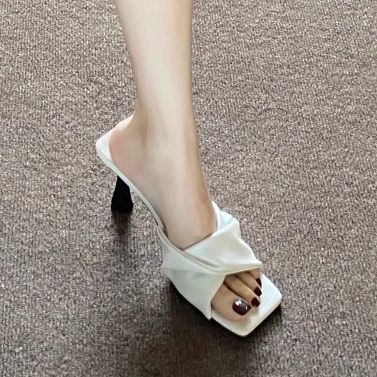 French Elegant One-Strap Slides For Women, Summer Outdoor Square Open Toe Stiletto Heel Ruched Sandals