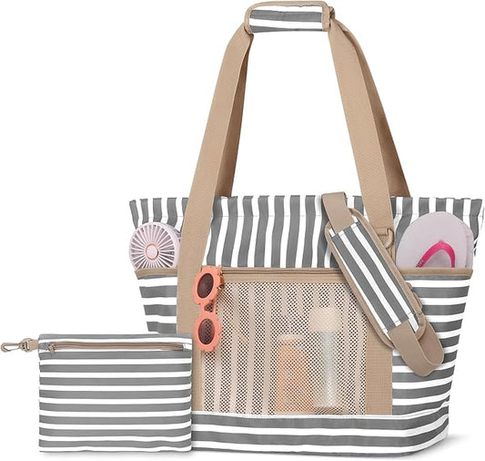 Fasrom Beach Bag for Women with Zipper, Waterproof Beach Tote with Wet Dry Compartment and Small Pouch for Pool, Swim, Travel