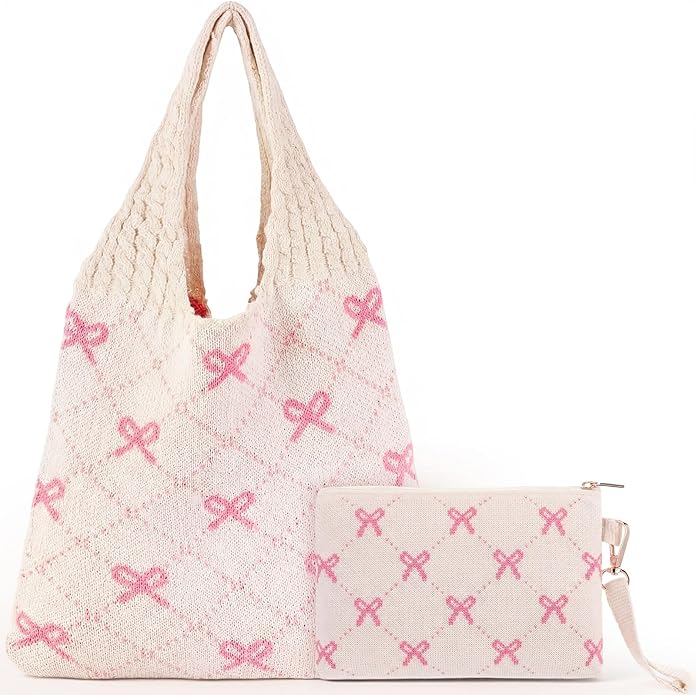 Sanwuta 2 Pcs Pink Bow Crochet Tote Bag Beach Bow Mesh Knitted Shoulder Bag Coquette Aesthetic Bohemian Bags for Women