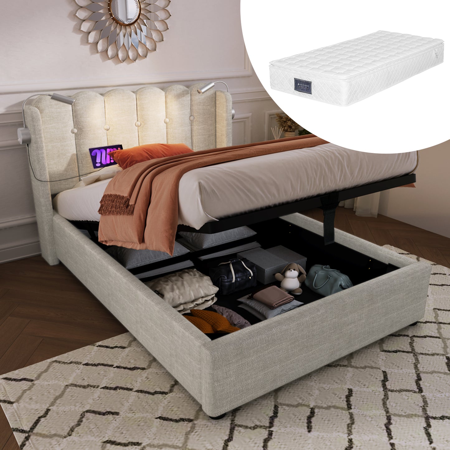 Upholstered Bed Single Bed Reading Light With Charging Function Head Part Storage Room Bed Frame Linen Material Youth Bed 90x200 With Slate Grating,Natural With Mattress