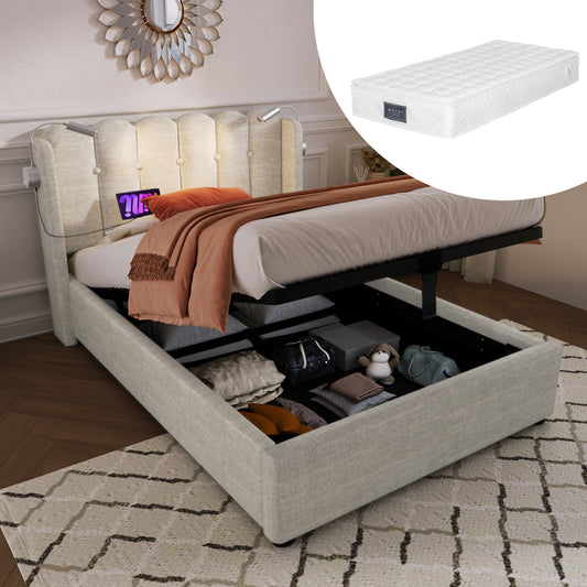 Upholstered Bed Single Bed Reading Light With Charging Function Head Part Storage Room Bed Frame Linen Material Youth Bed 90x200 With Slate Grating,Natural With Mattress
