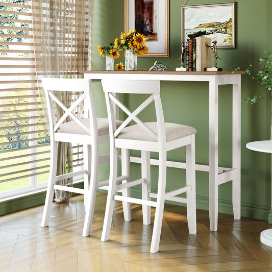 TOPMAX Farmhouse 48 Rectangular Wood Bar Height Dining Set Kitchen Breakfast Nook With 2 Chairs For Small Places,Brown White Beige