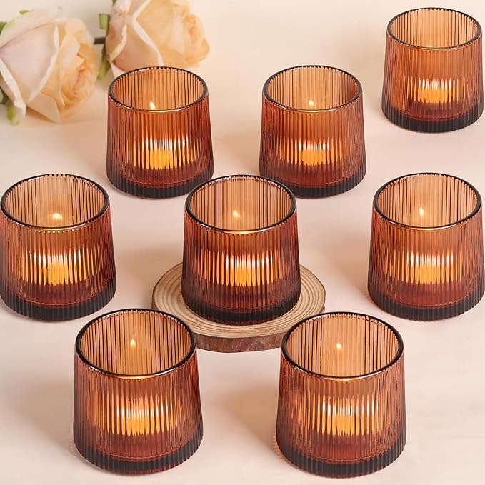 Amber Ribbed Tealight Votive Candle Holders Set of 10- Votive Candle Holders for Table Centerpiece, Tea Light Candle Holde...