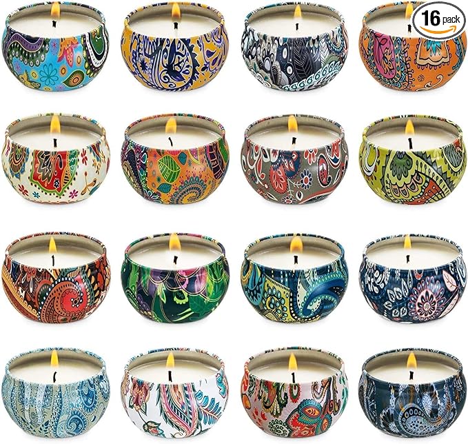 Set of 16 Small Scented Candles Soy Wax Aromatherapy Candles 2.5 OZ Portable Tin Candles with Lid, Relaxation Gifts Basket...