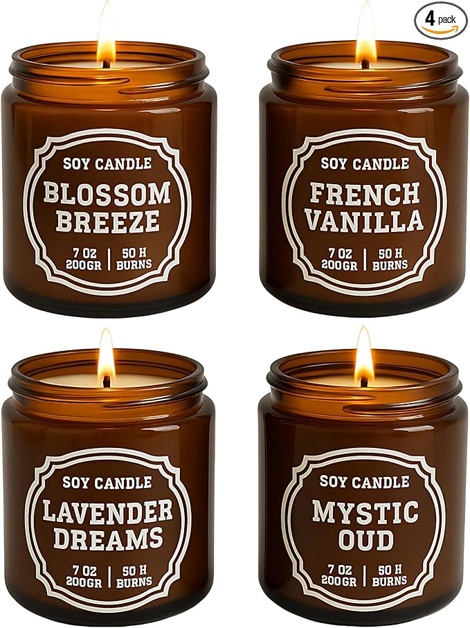 Luxury Soy Candle Gift Set, 4 Pack Amber Glass Jars with Crackling Wooden Wick, Handcrafted Scented Candles, Gift Ready Box