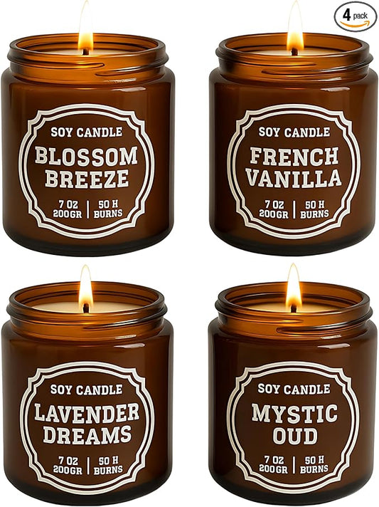 Luxury Soy Candle Gift Set, 4 Pack Amber Glass Jars with Crackling Wooden Wick, Handcrafted Scented Candles, Gift Ready Box