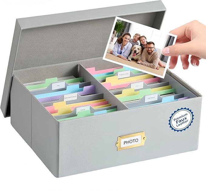 Photo Storage Box with Lid – Premium Faux Leather Organizer with Plastic Dividers, Holds Up to 1800 4x6 Photos, Memory Kee...