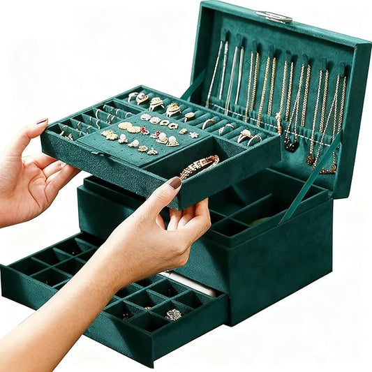 ProttyLife Jewelry Organizer Box for Women Girls, Jewelry Box 3-Tier Jewelry Display Case and Organizer,Lockable Jewelry D...