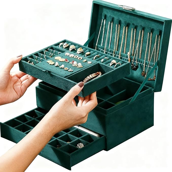 ProttyLife Jewelry Organizer Box for Women Girls, Jewelry Box 3-Tier Jewelry Display Case and Organizer,Lockable Jewelry D...