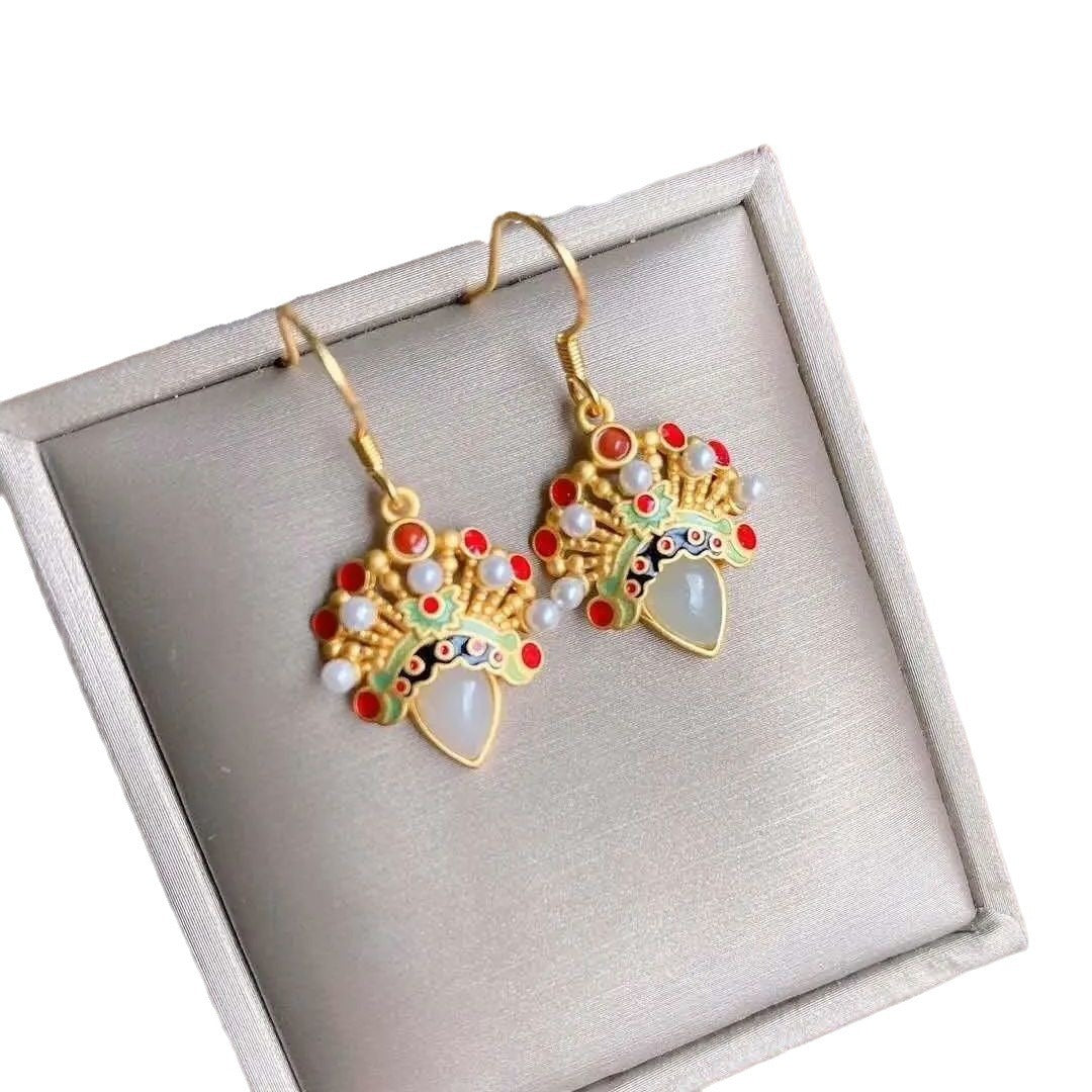 Inlaid White Jade Water Drop Classical-shaped Sword Horse Dan Peking Opera Facial Makeup Earrings