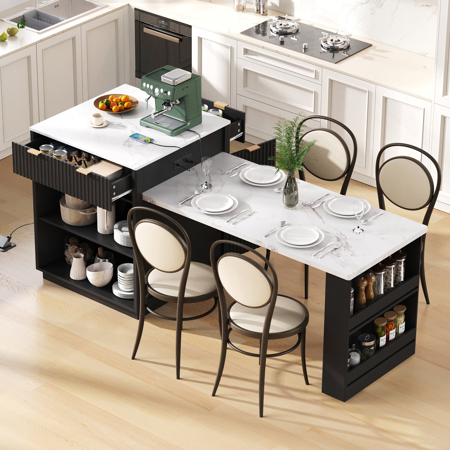 K&K 82.6   Fluted Kitchen Island With Extendable Dining Table For 4-6, Island Table For Kitchen With Power Outlet, Kitchen Table With Double-Side Storage, 2 Drawers 2 Side Open Shelves, Black