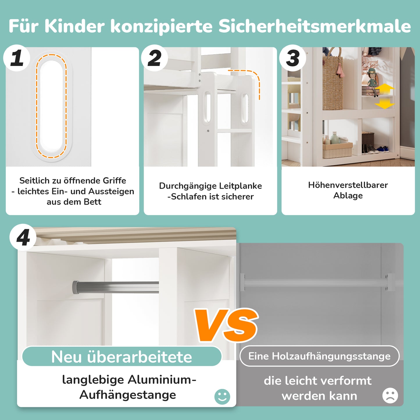 AB30624901W Children's Bed Loft Bed With Desk Open Wardrobe And Shelves Children's Bed With Slatted Frame And Fall Protection Single Bed Lying Surface 90x200cm, White Without Mattress