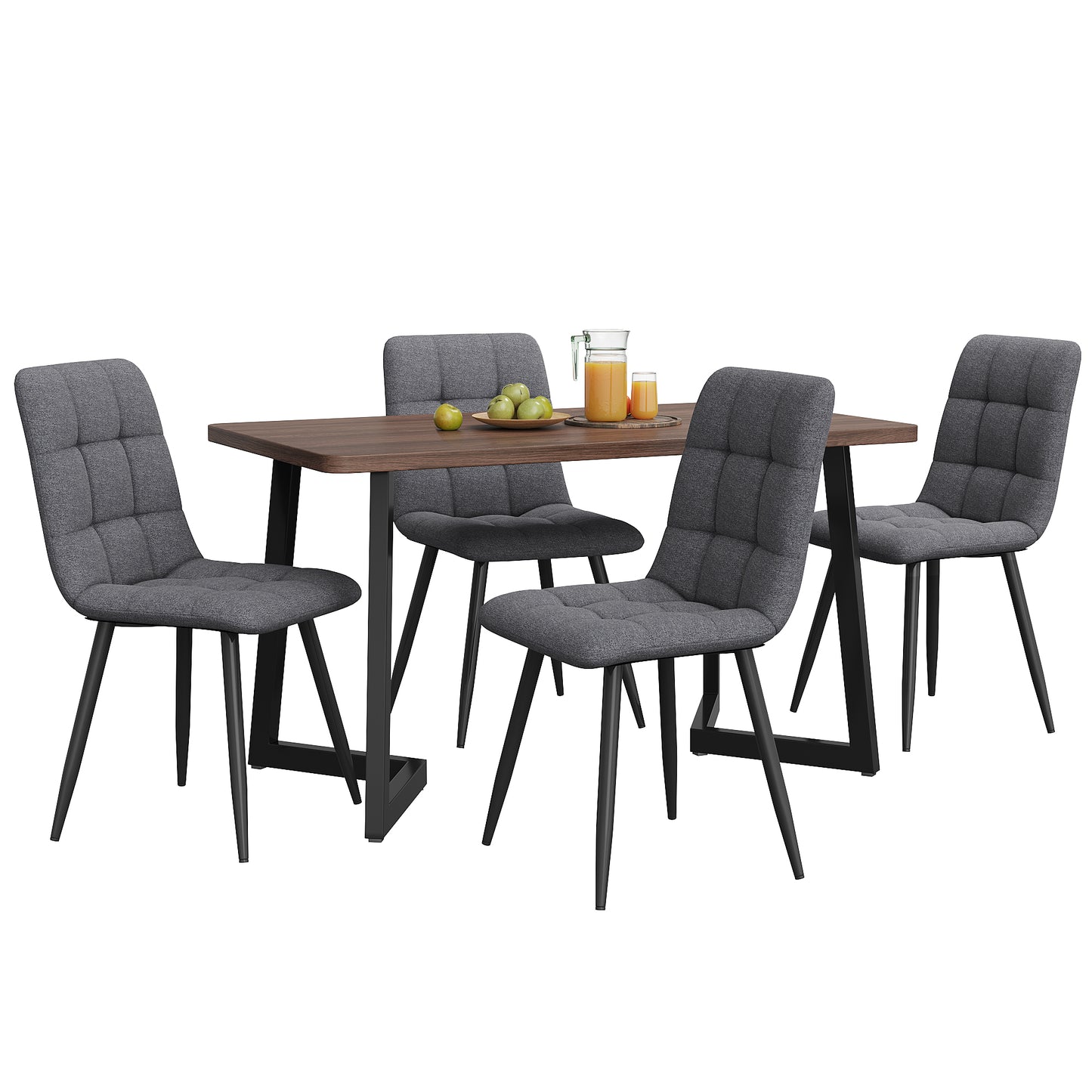 Dining Set 5-piece  Dining Table With 4 Chairs Set, Modern Kitchen Table Set, Wood-grain Kitchen Table With Black Metal Legs, MDF Tabletop In Walnut Color, Dark Gray Linen Dining Chairs