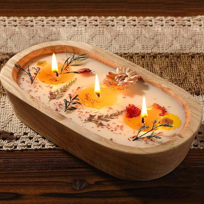Conelist 9.45'' Large Botanical Scented Bowl Candle Gift for Women Dried Flowers Wooden Dough Bowl Soybean Wax Candles for...