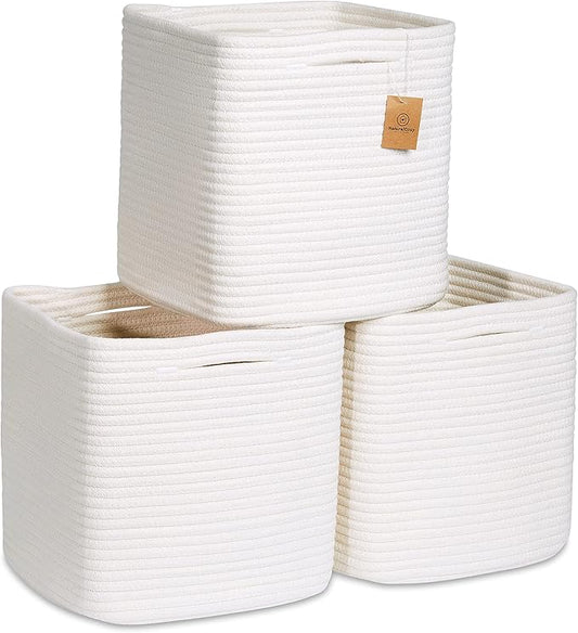 NaturalCozy Storage Cubes 11 Inch Cotton Rope Woven Baskets for Organizing, 3-Pack | Cube Storage Bin | Square Storage Bas...