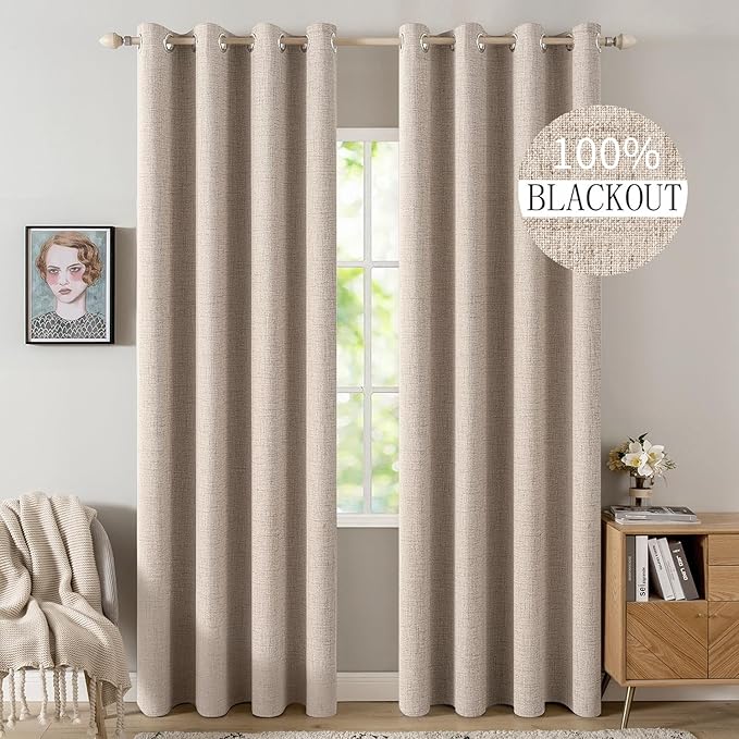 MIULEE 100% Blackout Linen Textured Curtains for Bedroom Solid Thermal Insulated Natural Beige Grommet Room Darkening Curt...