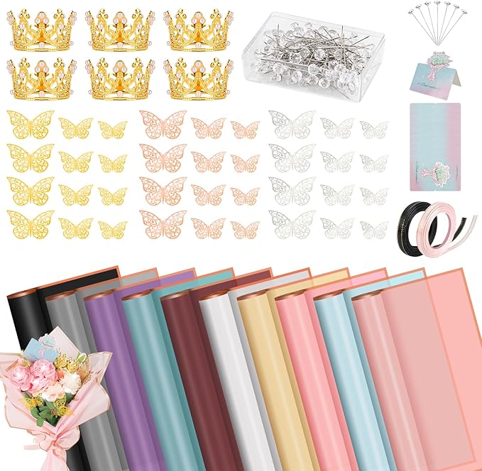 Hossmily 209 Pcs Flower Bouquet Wrapping Paper Waterproof Floral Wrapping Paper Florist Supplies with Butterfly Decoration...
