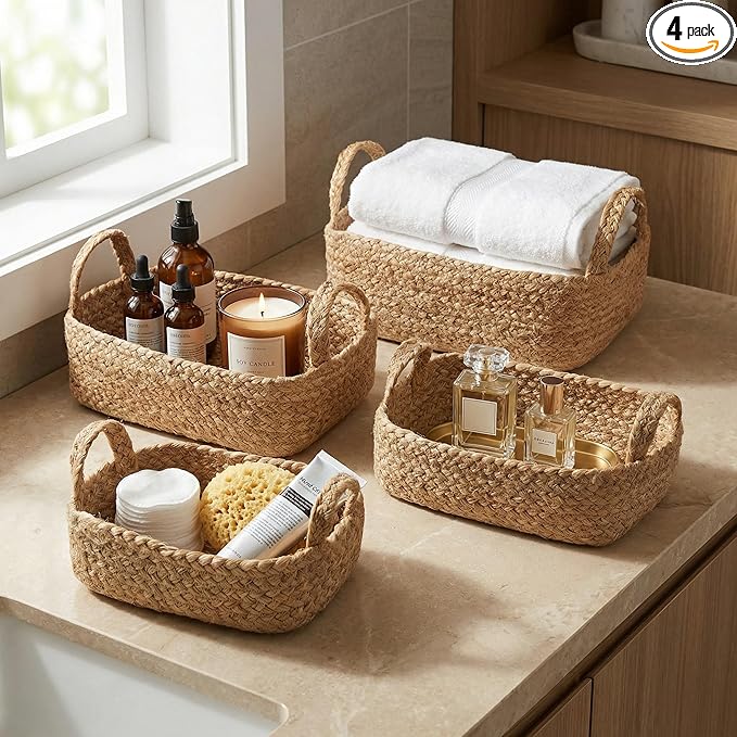 Beautiful Storage Basket Set of 4 - Natural Jute Rope Baskets for Shelves Are Perfect for Organizing Your Home - Quality S...