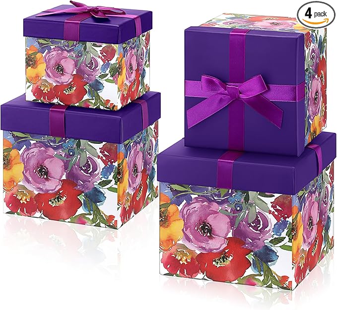 Cholemy 4 Pcs Spring Floral Gift Box with Lid for Present Decorative Nesting Squared Cardboard Storage Box for Birthday We...