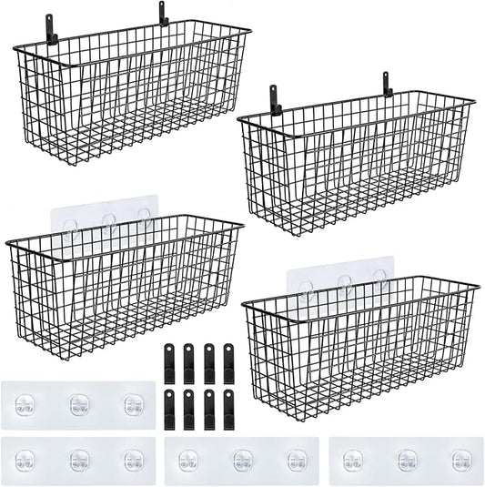 4 Set [EXTRA LARGE] Hanging Wall Mount Storage Baskets with Adhesive Hooks & Steel Hooks, Multiuse Sturdy Wire Metal Organ...