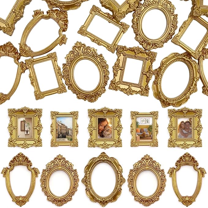 VICROIC 15 PCS Mini Vintage Frames, Tiny Resin Antique Frames, Small Gold picture photo frame for DIY Wall Hanging Jewelry...