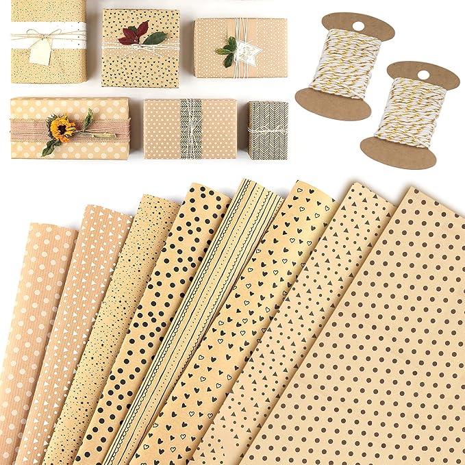 WKITKA Gift Wrapping Paper Set with String, Kraft Wrapping Paper Birthday Gift Wrap for Present Wrapping Christmas Gift fo...