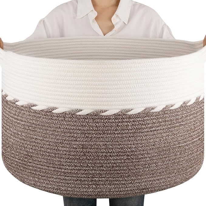 OIAHOMY 90L Blanket Basket for Living Room, Large Basket 23" x 23" x 13" with Handle, Laundry Hamper for Blankets, Pillow...