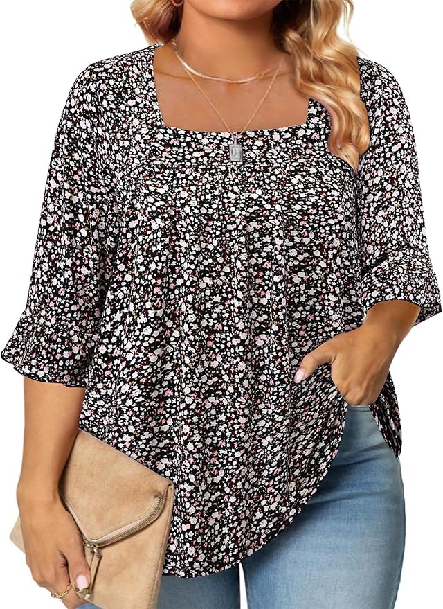 Siddhe Womens Plus Size Tops Loose Fit 3/4 Ruffle Sleeve Blouses Square Neck T Shirt Casual Tunic Tops(1X-5X)