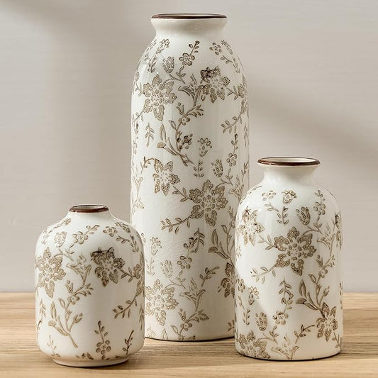 Ceramic Flower Decorative Antique Vase Set of 3, Vintage Rustic Chinoiserie Floral Vase for Home Decor, Living Room, Books...