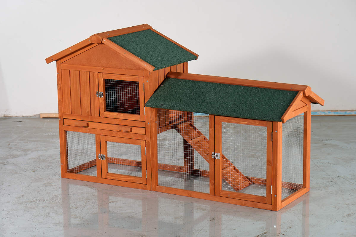 Large Wooden Rabbit Hutch, 2-Story Outdoor Bunny Cage With Waterproof Asphalt Roof, Pull-Out Tray & Ramp, Fir Wood Pet House For Rabbits, Chickens, Guinea Pigs Brown & Green