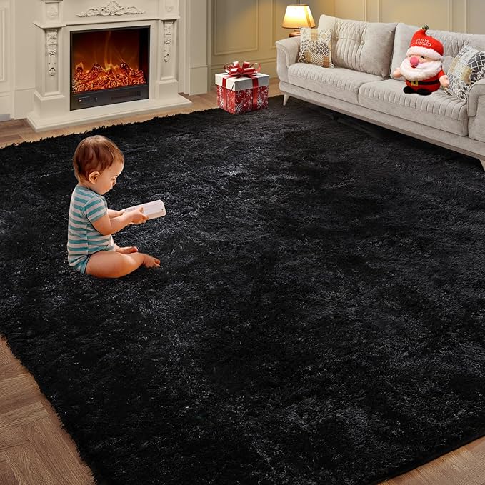 KNZE Super Soft Area Rugs for Living Room 5x7 Black, Fluffy Furry Shaggy Fuzzy Area Rug, Upgrade Anti-Skid Rectangular, Hi...