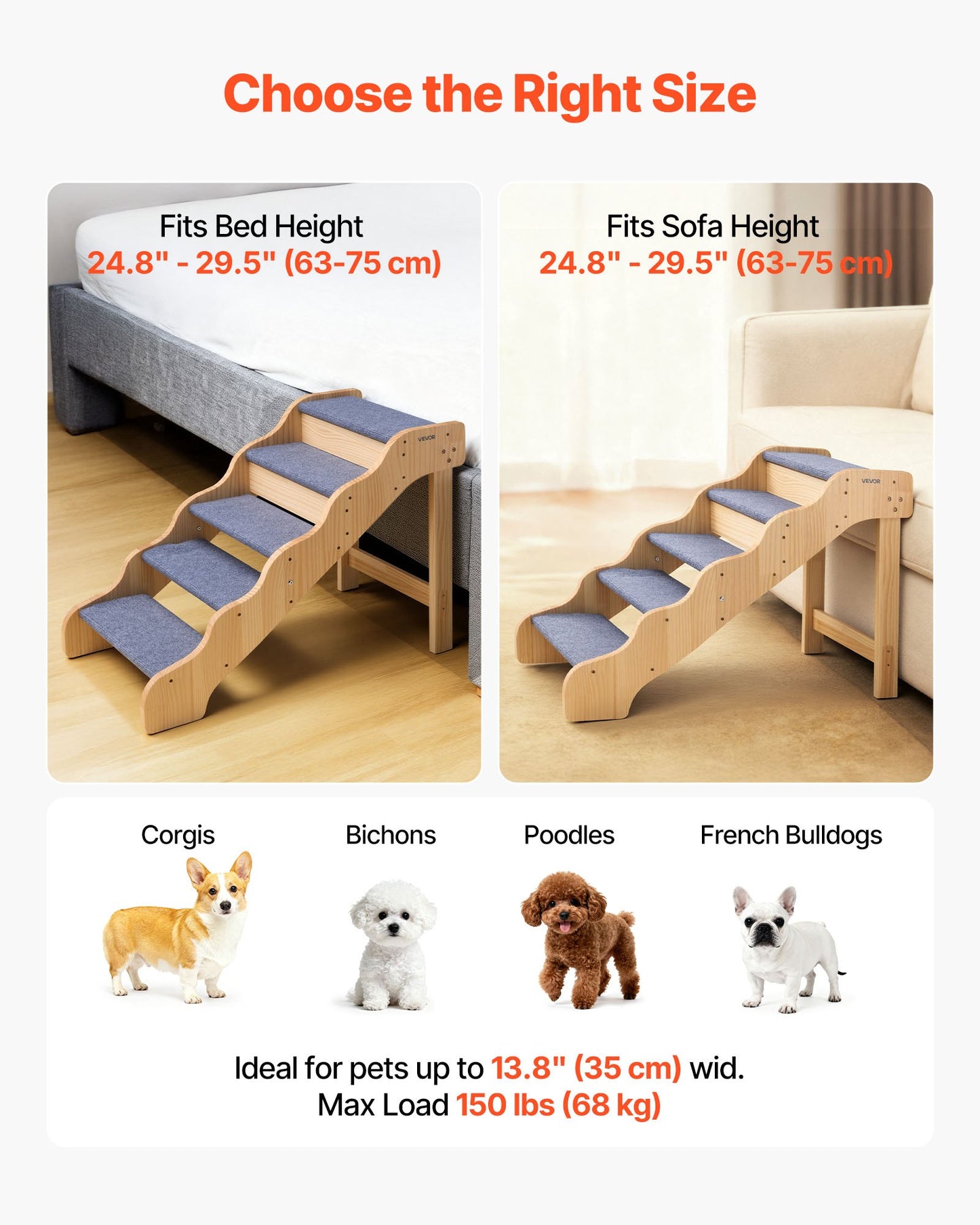 Wood Pet Stairs, 5-Step Dog Stairs For High Beds, Sofa & Cars, 150lbs Load Capacity, Non-Slip Surface, Stable Cat & Dog Step Ladder For Small Medium Large Older Pet Puppy Essentials
