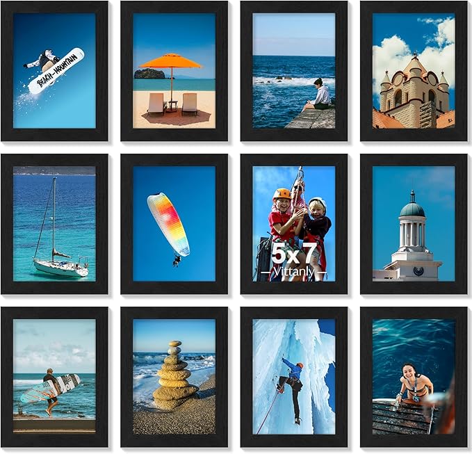 Vittanly 5x7 Picture Frames Set of 12, Display 4x6 Pictures with Mat or 5x7 without Mat, Engineered Wood with Shatter Resi...