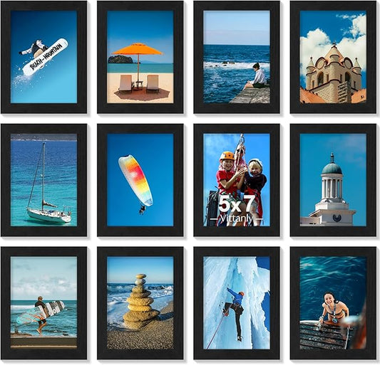 Vittanly 5x7 Picture Frames Set of 12, Display 4x6 Pictures with Mat or 5x7 without Mat, Engineered Wood with Shatter Resi...