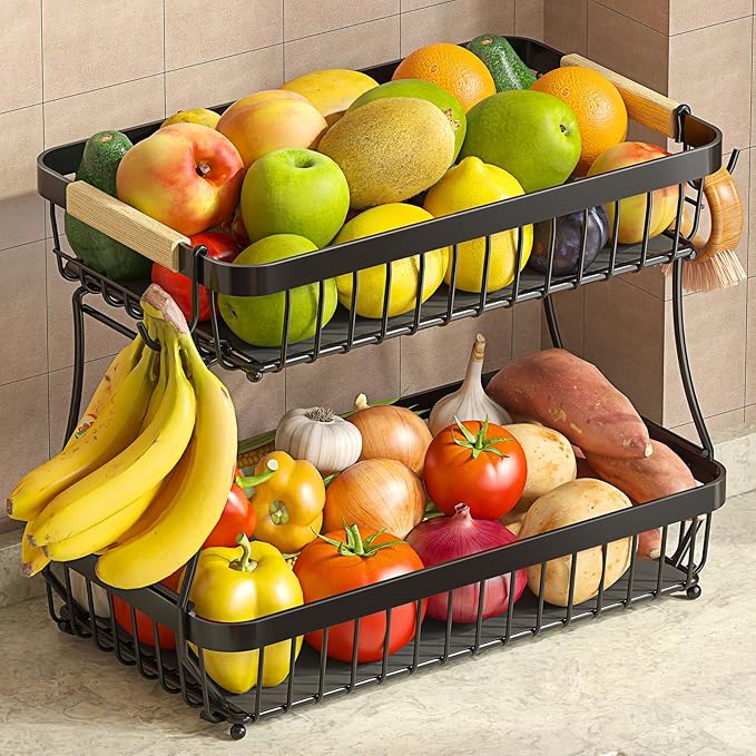 Sevenblue 2 Tier Large Fruit Basket for Kitchen Counter with 2 Mobile Banana Hangers, 2026 Pro Detachable Metal Fruit Bowl...