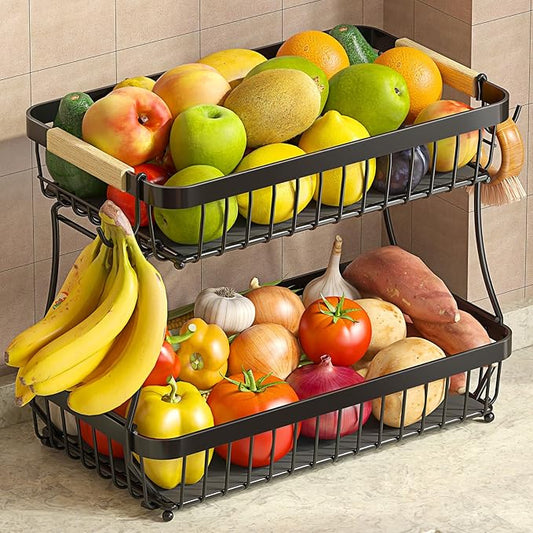 Sevenblue 2 Tier Large Fruit Basket for Kitchen Counter with 2 Mobile Banana Hangers, 2026 Pro Detachable Metal Fruit Bowl...
