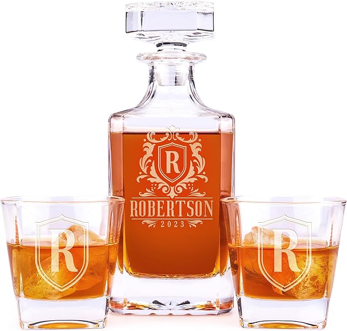 Personalized Whiskey Decanter Set - 5 Design Options - Custom Liquor 25 oz, 750ml Liquor Decanter w/Whiskey Glass Set Opti...