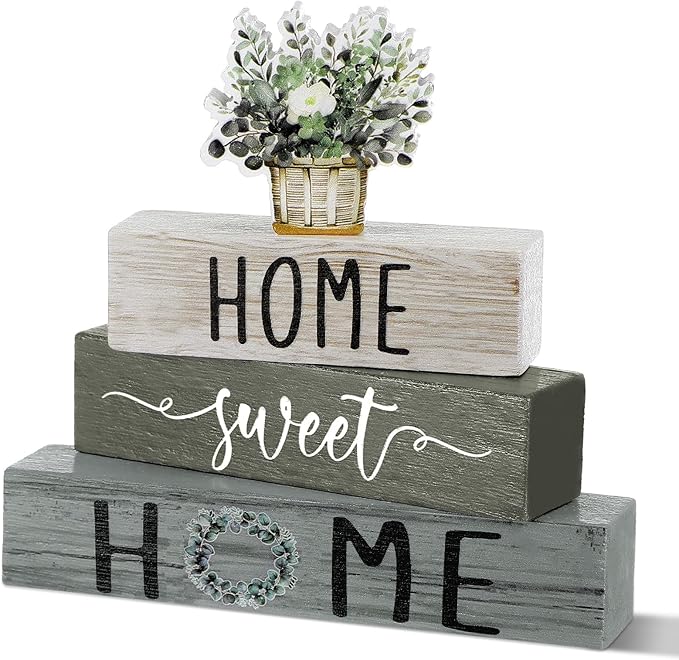 Cinnvoice 4 Pcs Farmhouse Wooden Tabletop Decor Green Eucalyptus Leaves Spring Rustic Tiered Tray Decor Home Sweet Home Ta...