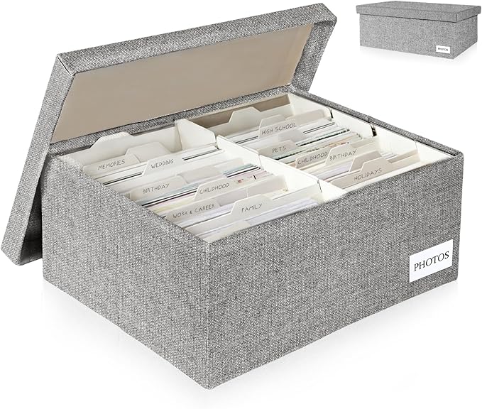 Himake Decorative Photo Storage Box - Linen Photo Box Organizers with Dividers, Fits Holds Up to 1700 Photos in 5x7 inch S...