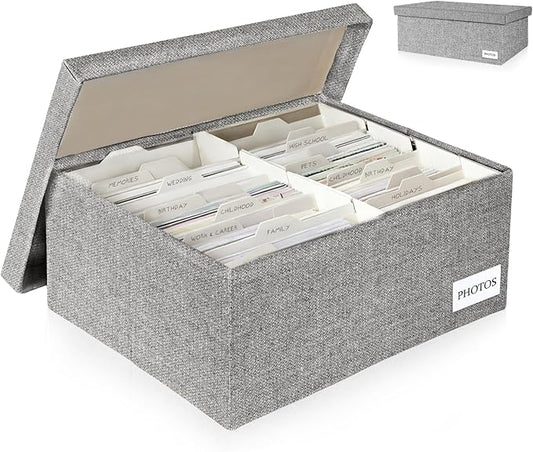 Himake Decorative Photo Storage Box - Linen Photo Box Organizers with Dividers, Fits Holds Up to 1700 Photos in 5x7 inch S...