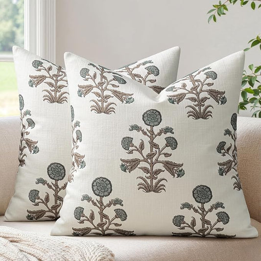MIULEE Set of 2 Vintage Pillow Covers Neutral Decorative Floral Throw Pillows Block Print Boho Farmhouse Cushion Covers fo...