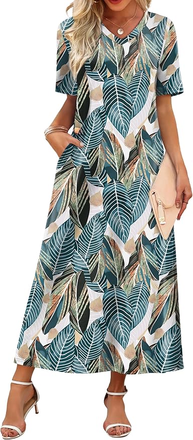 WIHOLL Women's Maxi Dresses V Neck Vacation Beach Sundresses Floral Travel Summer Dress