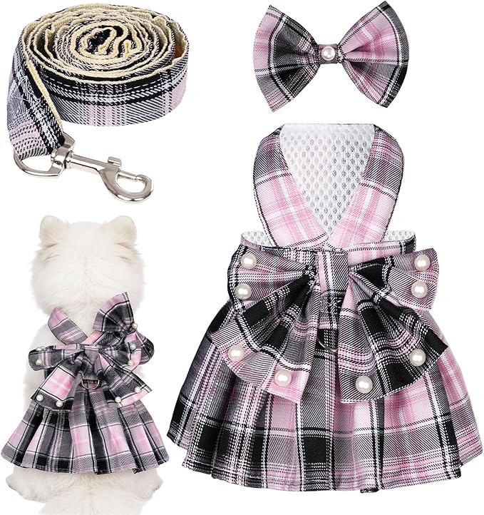 YKYUASD Dog Plaid Dress Harness and Leash Set with Pearls Bow Adjustable Puppy Dress Mesh Vest Bow Knot Pet Clothes for Cu...