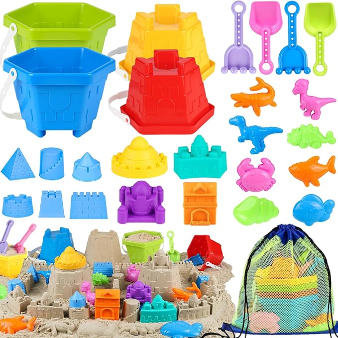 HUUIDY Beach Toys for Kids, Sand Toys with 4 Sand Buckets and Shovels for Kids, Sand Castle Building Kit with Mesh Bag & M...