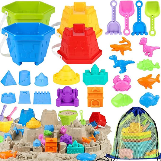 HUUIDY Beach Toys for Kids, Sand Toys with 4 Sand Buckets and Shovels for Kids, Sand Castle Building Kit with Mesh Bag & M...