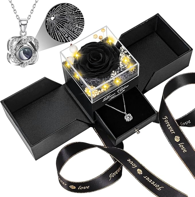 Lebana Preserved Black Real Rose with Heart I Love You Necklace -Mothers Day Gifts for Mom Her Wife Girlfriend Grandma on ...
