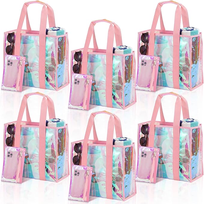 Hsei 6 Pcs Clear Iridescent Beach Bag with Phone Pouch for Women Beach Travel Large Waterproof Tote Bags for Vacation Picnic