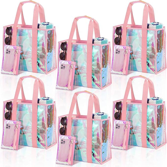 Hsei 6 Pcs Clear Iridescent Beach Bag with Phone Pouch for Women Beach Travel Large Waterproof Tote Bags for Vacation Picnic